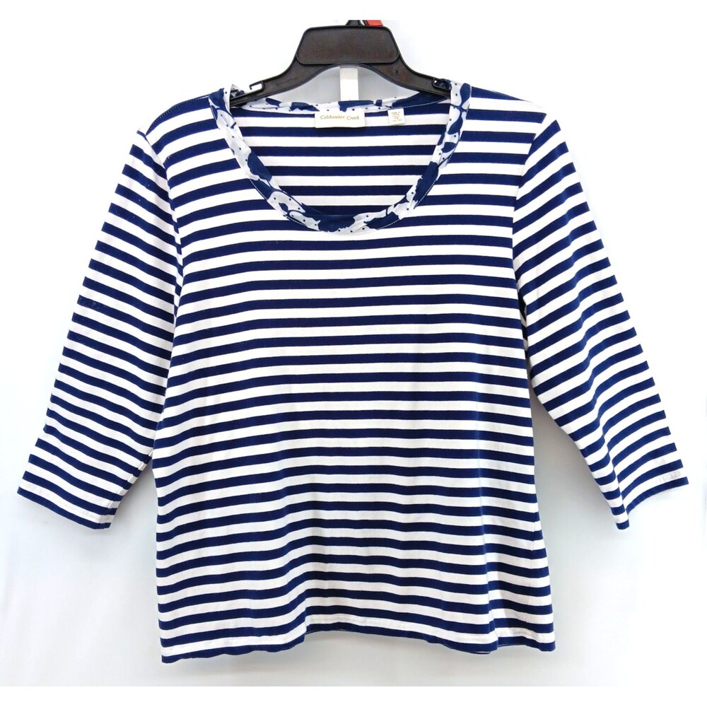 Coldwater Creek Shirt Womens Plus Size 1X Blue White Striped 3/4 Sleeve Top